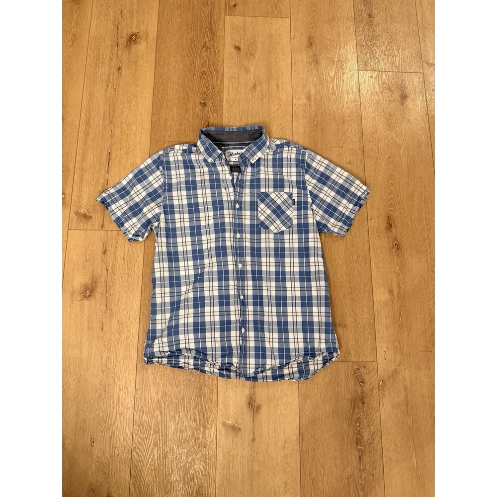 Hurley Men's L Plaid Short Sleeve Button Down Shirt Blue White Surf Skate Casual
